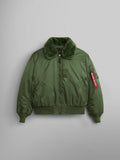 B-15 Bomber Jacket by Alpha Industries, sage green, removable faux-mouton collar, front zipper, side pockets, ribbed cuffs and hem, water resistant finish, red Remove Before Flight sleeve tag.