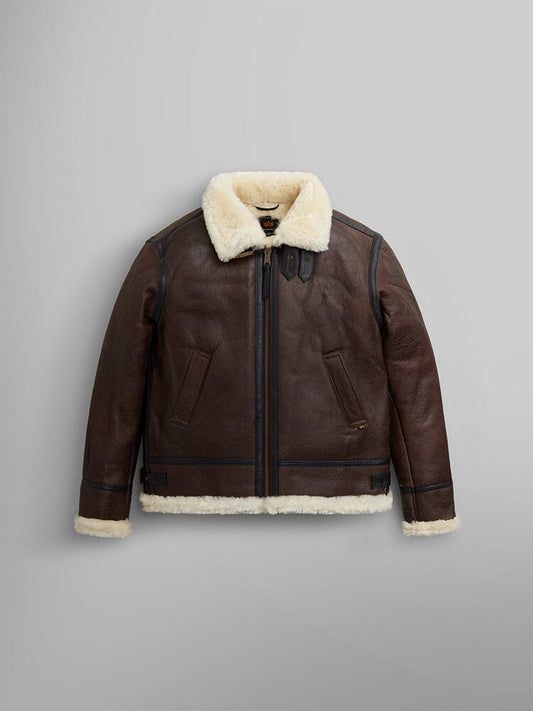Alpha Industries B-3 Sherpa Leather Bomber Jacket, brown, genuine leather, cream sheepskin lining and collar, front zip closure, two side pockets.