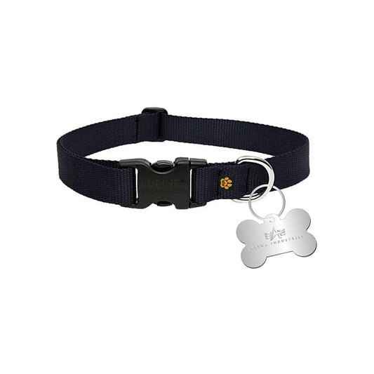 Basic Dog Tag Collar by Alpha Industries, black adjustable dog collar with plastic buckle and silver bone-shaped customizable tag on metal ring.