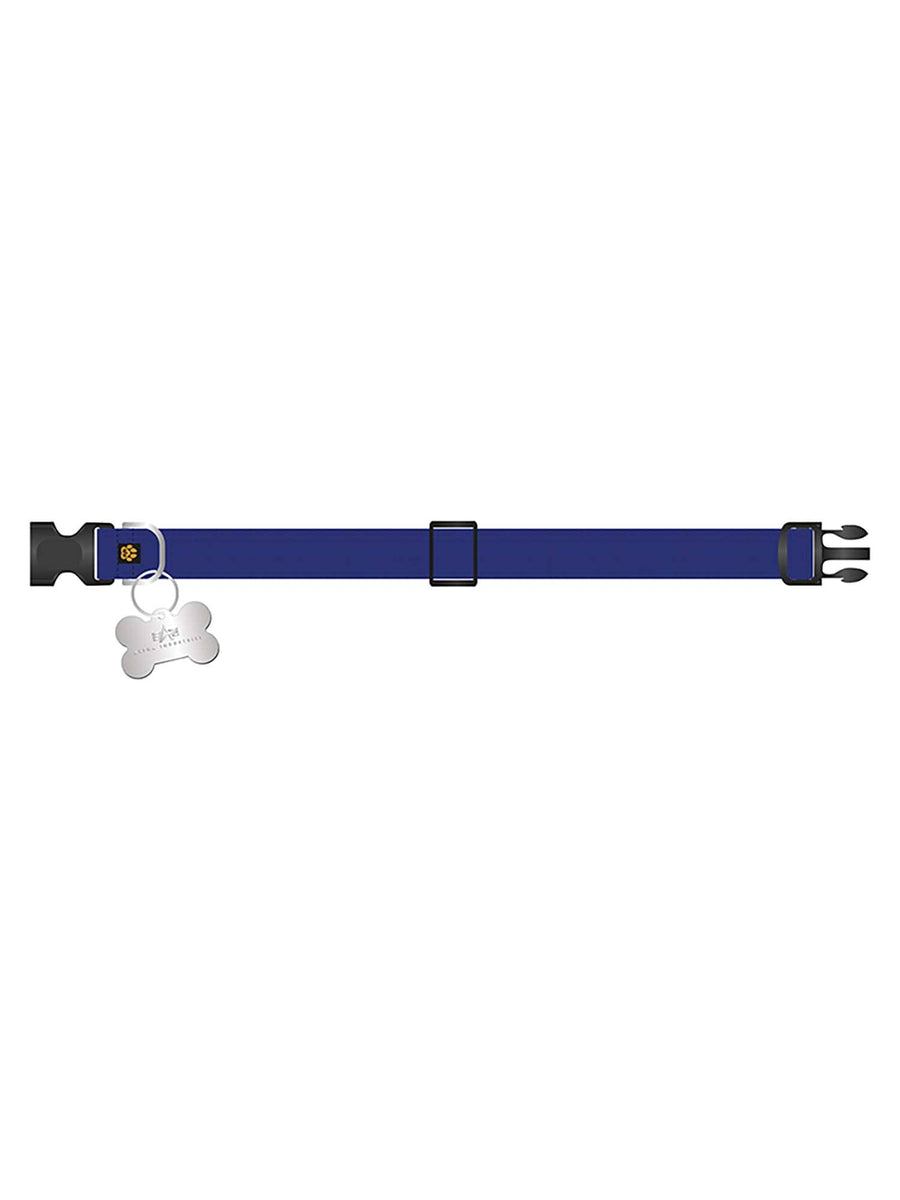 Alpha Industries Basic Dog Tag Collar, blue adjustable collar with black plastic buckle and detachable silver bone-shaped dog tag.