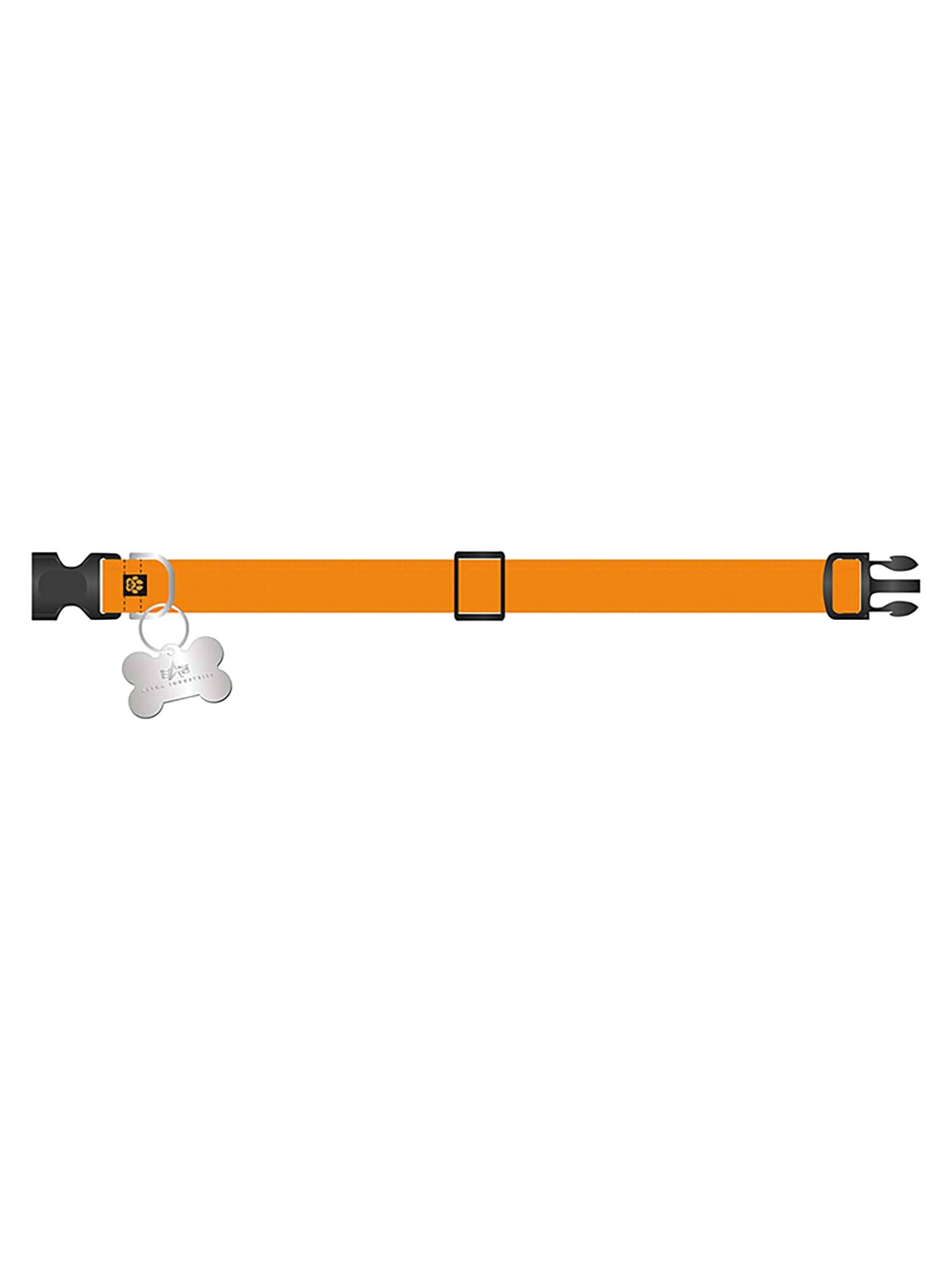 Alpha Industries Basic Dog Tag Collar, Emergency Orange, adjustable fit, black plastic buckle, silver bone-shaped dog tag.