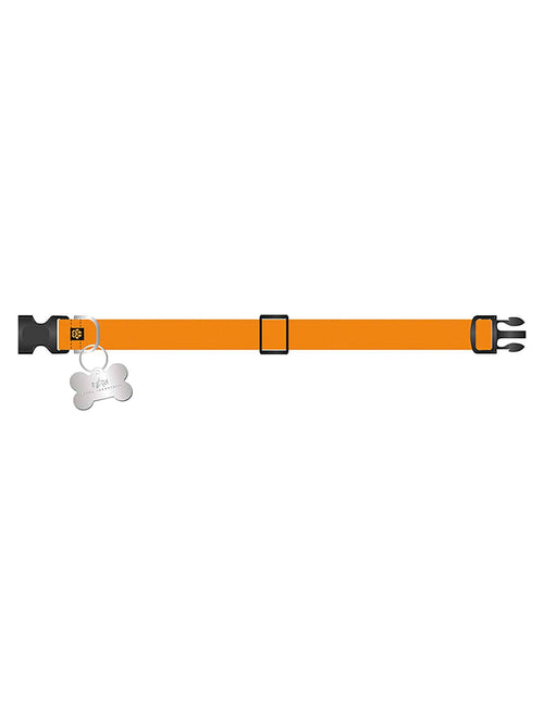 Alpha Industries Basic Dog Tag Collar, Emergency Orange, adjustable fit, black plastic buckle, silver bone-shaped dog tag.