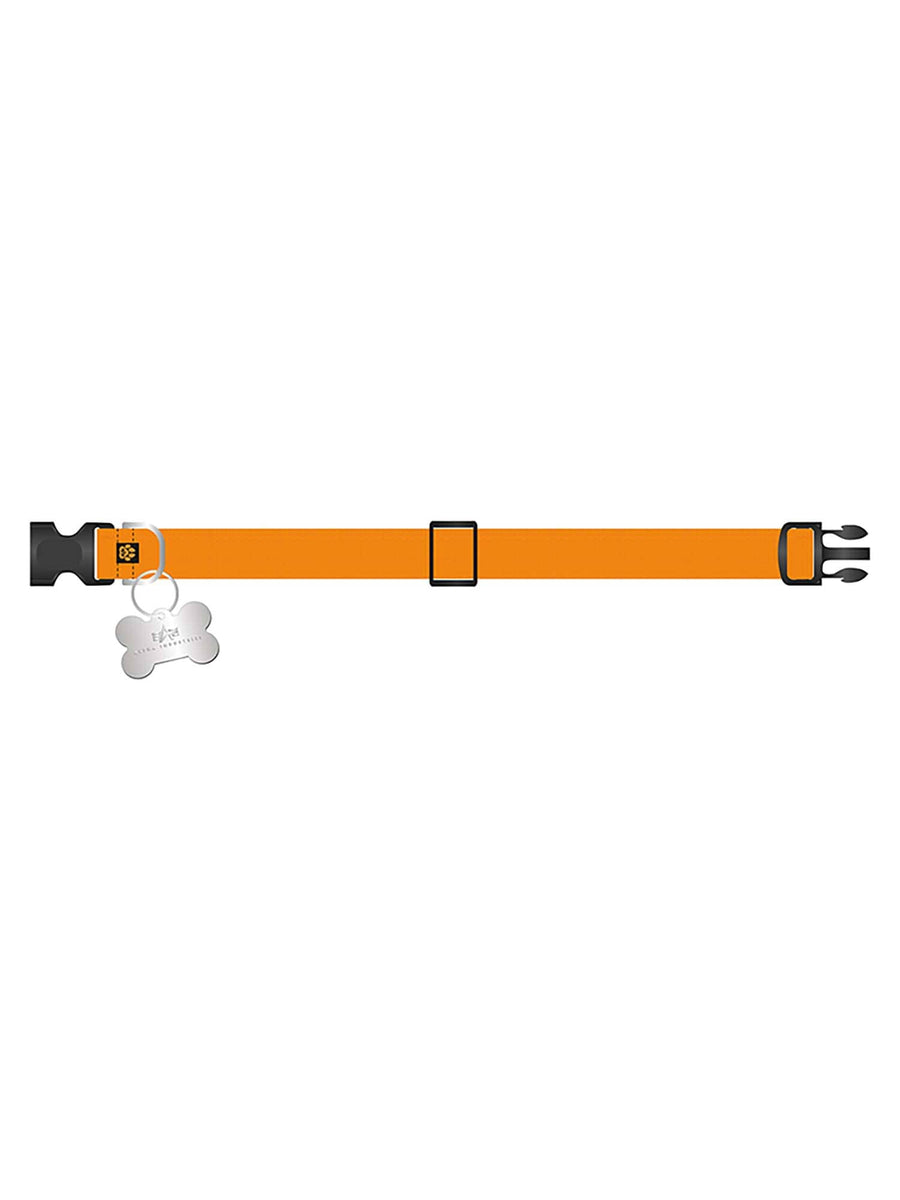 Alpha Industries Basic Dog Tag Collar, Emergency Orange, adjustable fit, black plastic buckle, silver bone-shaped dog tag.