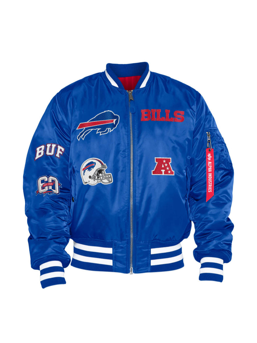 Buffalo Bills x Alpha x New Era MA-1 Bomber Jacket by Alpha Industries, featuring reversible Pacific Blue color with Buffalo Bills logos and NFL patches, including a helmet, team name, and AFC emblem. The jacket boasts white and blue striped cuffs and collar for a sporty look.