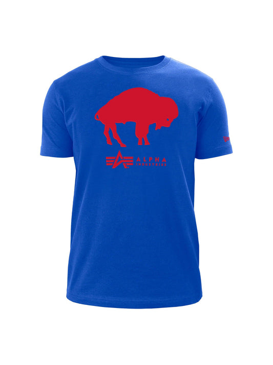 Introducing the Buffalo Bills X Alpha X New Era T-Shirt (Historic Logo) from Alpha Industries—a blue t-shirt showcasing a prominent red buffalo silhouette, the "Alpha Allstars" text, and a stylized team logo beautifully crafted with Twill Applique.
