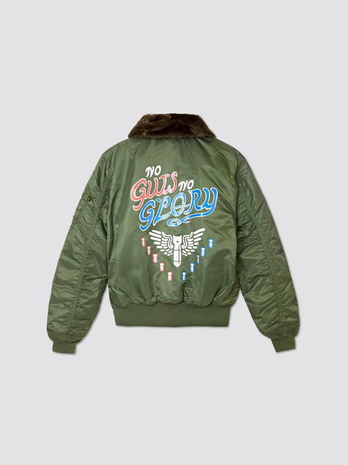 Call of Duty X Alpha B-15 Slim Fit Jacket by Alpha Industries is a green bomber jacket inspired by the B-15 Flight Jacket, featuring "No Guts No Glory" text and a winged emblem on the back. It comes with a fur collar and ribbed hem for a classic look perfect for any Vanguard Task Force mission.