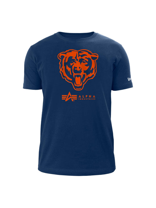 Blue Chicago Bears X Alpha X New Era T-Shirt adorned with an orange bear graphic that resembles a team logo, complete with Alpha Industries text beneath.