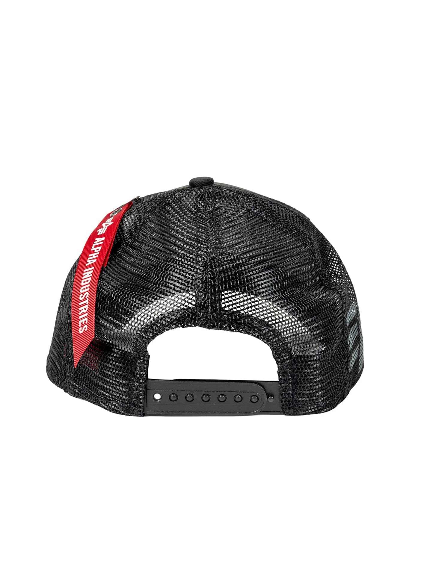 Back view of the Cleveland Browns x Alpha Industries x New Era 940 Cap, a black mesh trucker baseball cap by Alpha Industries, featuring a red tag and an adjustable strap.
