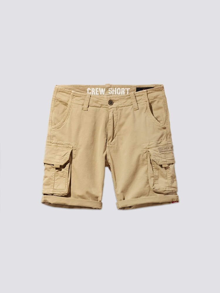 Alpha Industries Crew Short Gen I, beige cotton cargo shorts with multiple pockets and CREW SHORT printed on inner waistband.