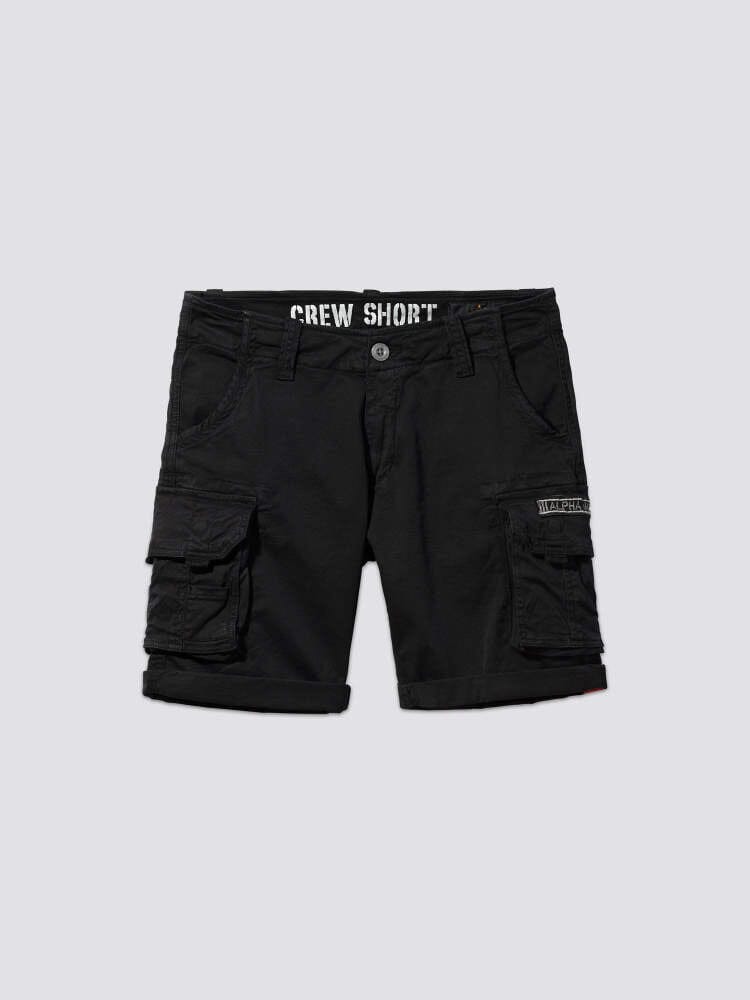 Alpha Industries Crew Short Gen I, black, lightweight cotton, multiple cargo pockets, button closure, CREW SHORT on inner waistband.