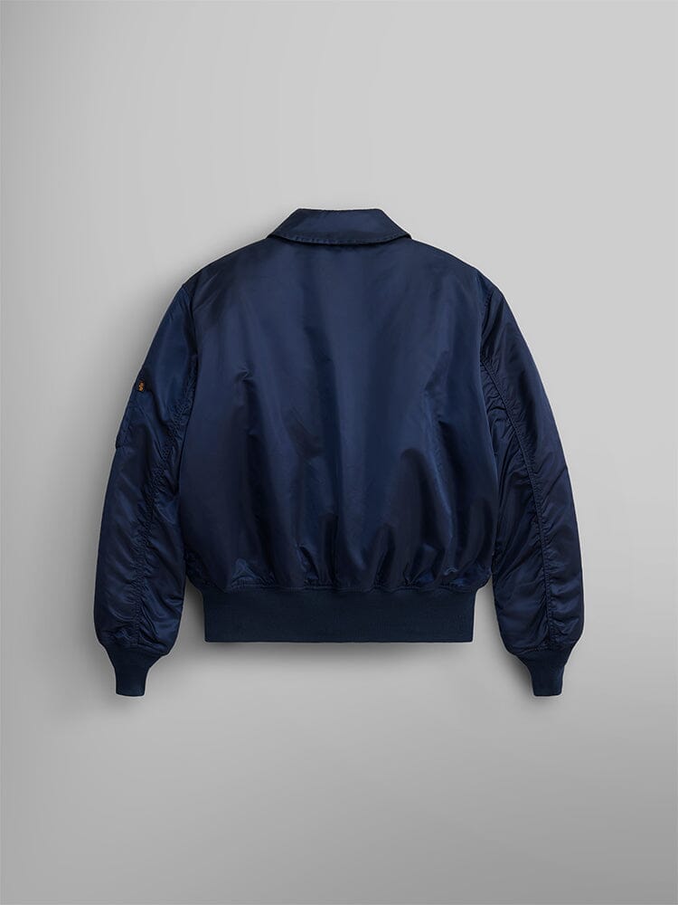 Alpha Industries Cwu 45/P Bomber Jacket in navy blue with water-resistant material and classic military bomber design features.