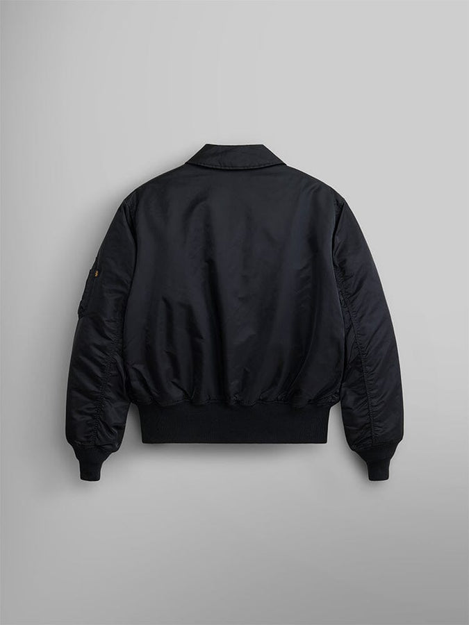 Alpha Industries Cwu 45/P Bomber Jacket, black, nylon, ribbed cuffs and waistband, MA-1 collar.