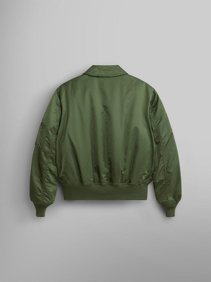 Alpha Industries CWU 45/P Bomber Jacket in green, ribbed cuffs, collar, hem, water-resistant.