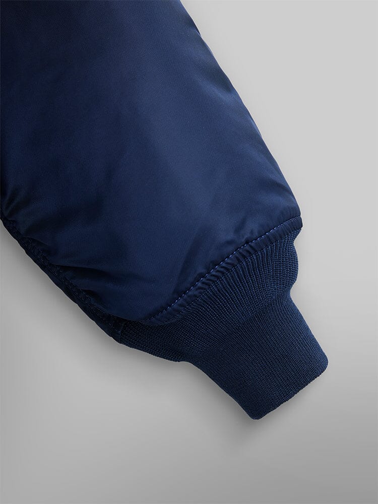 Alpha Industries Cwu 45/P Bomber Jacket navy blue sleeve with ribbed cuff.