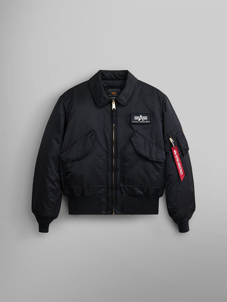 Alpha Industries Cwu 45/P Bomber Jacket with front zipper, flap pockets, ribbed cuffs and hem, chest patch, red sleeve tag in black.