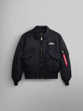 Alpha Industries Cwu 45/P Bomber Jacket with front zipper, flap pockets, ribbed cuffs and hem, chest patch, red sleeve tag in black.