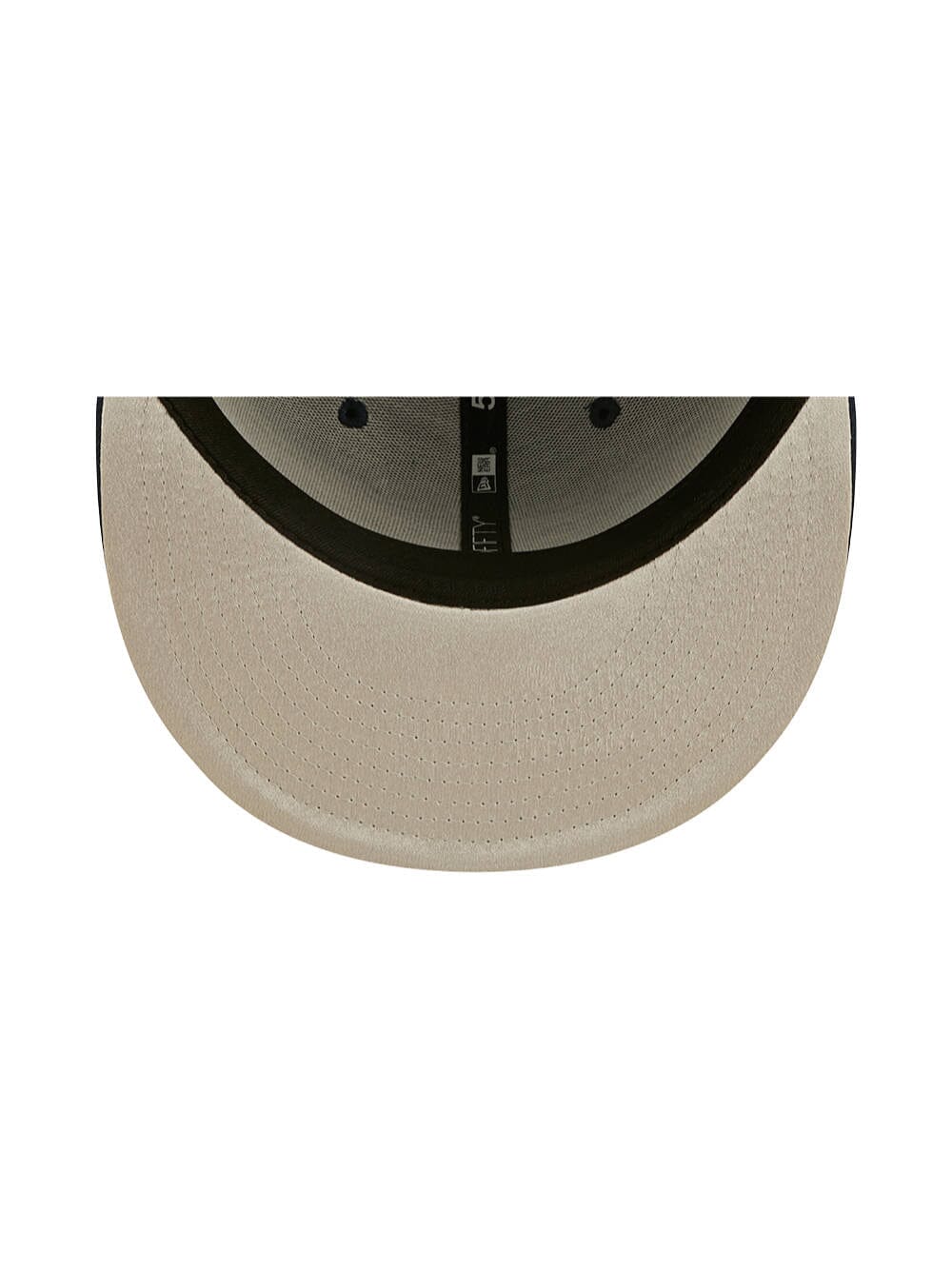 A close-up view of the underside of a Dallas Cowboys x Alpha x New Era 5950 Fitted Cap by Alpha Industries, highlighting the team color 59FIFTY brim and intricate interior stitching.