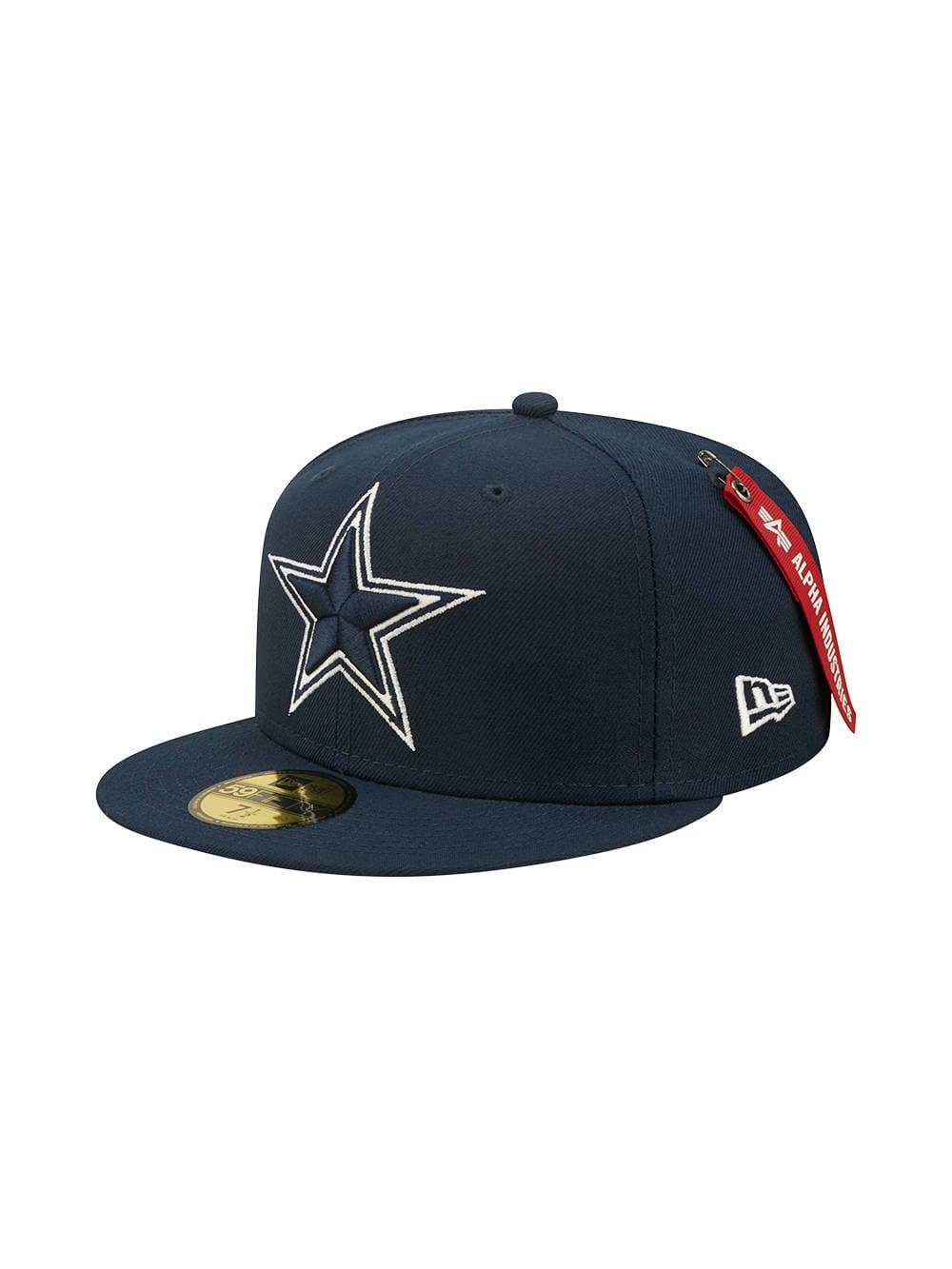 Introducing the Dallas Cowboys x Alpha x New Era 5950 Fitted Cap by Alpha Industries, a navy cap featuring a prominent star logo on the front and a red tag on top, designed in the authentic team color 59FIFTY style.