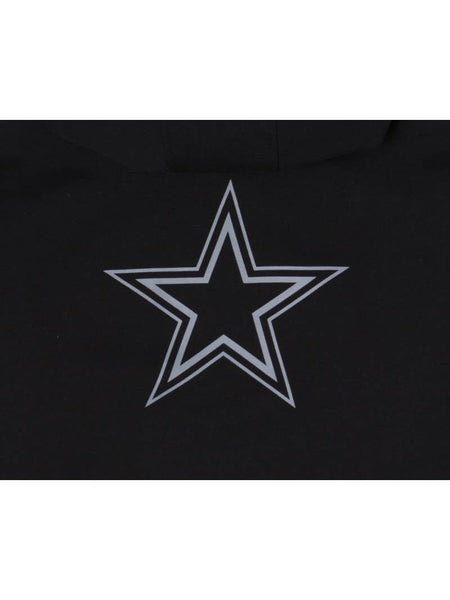 The Dallas Cowboys X Alpha X New Era Hoodie, brought to you by Alpha Industries and NE-NFL, is a black fabric hooded pullover that showcases a striking white outlined star design at its center, seamlessly blending contemporary style with the classic touch of New Era's quality craftsmanship.