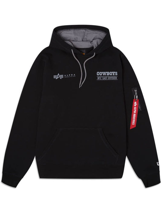 Black Dallas Cowboys X Alpha Industries X New Era Hoodie featuring Cowboys NFC East Division text, an Alpha Industries logo, and a distinctive red tag on the sleeve.