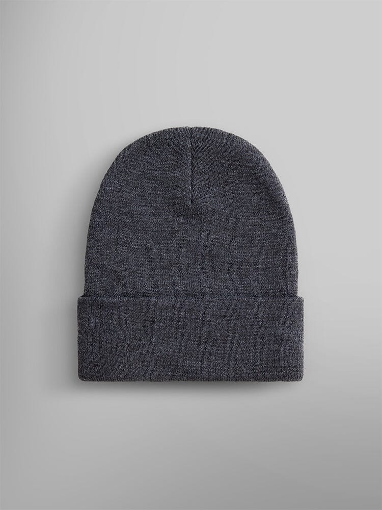 Essential Beanie by Alpha Industries, dark gray knit hat with folded brim and Alpha paper label.