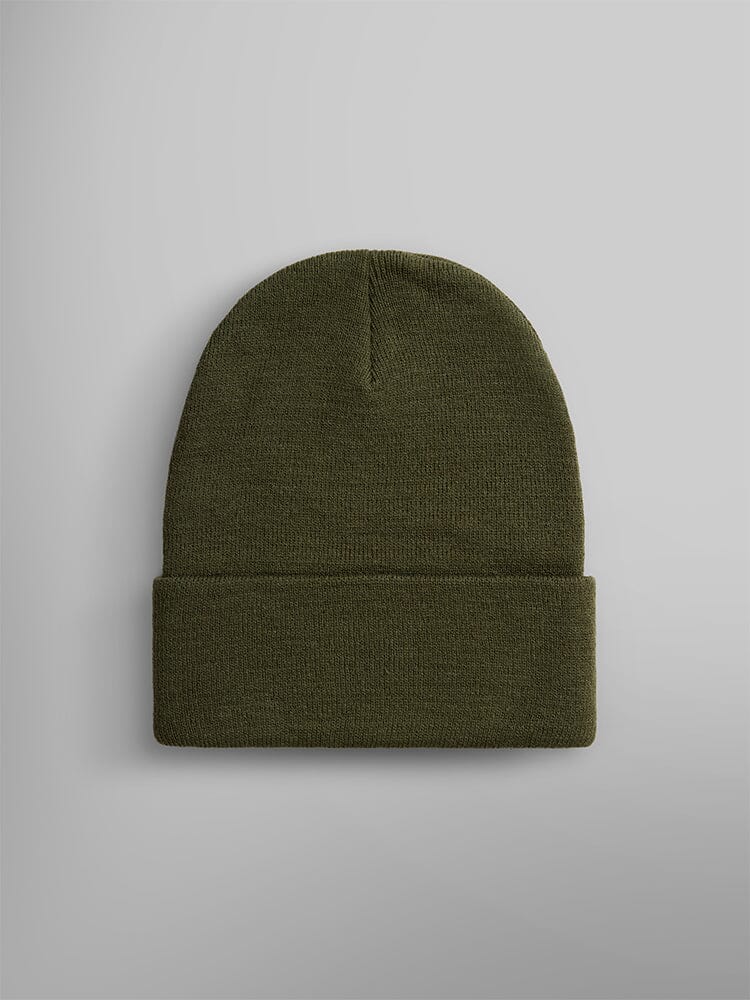 The Essential Beanie by Alpha Industries, Inc., in olive green and bearing an Alpha paper label.