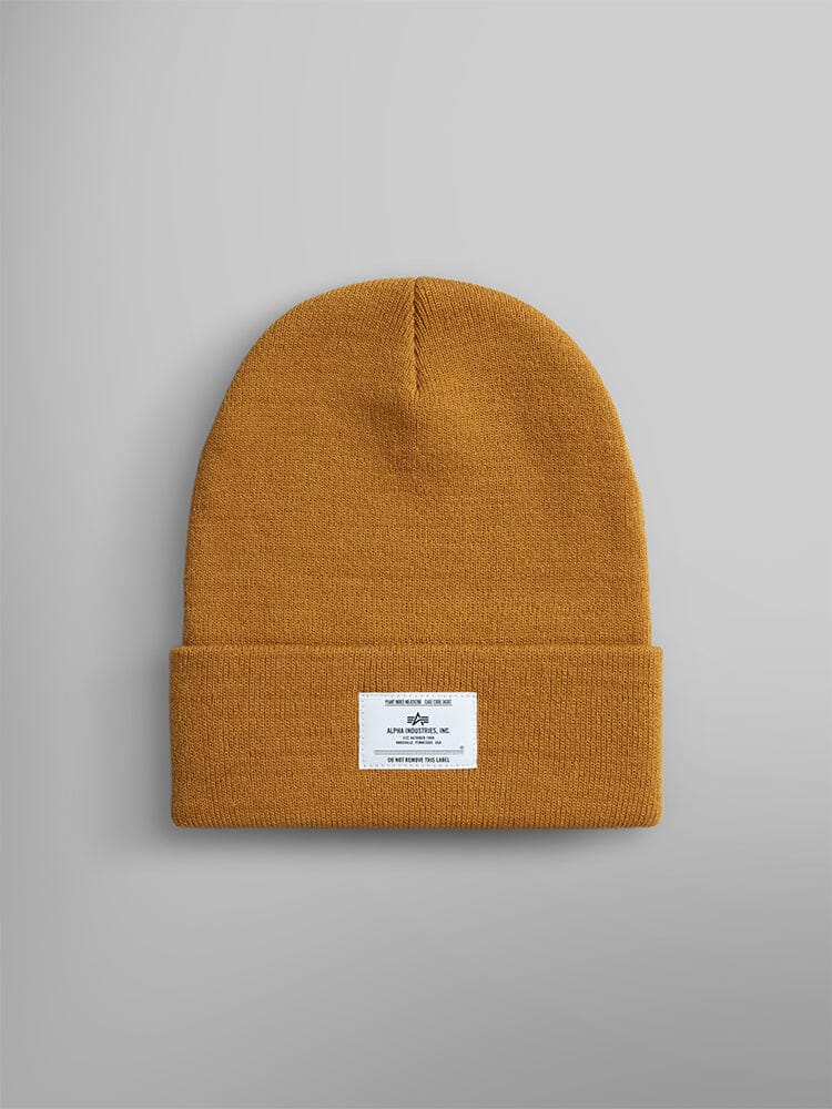 Bronzed Brown Essential Beanie by Alpha Industries, Inc., showcasing an Alpha paper label on the front.