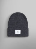 Essential Beanie by Alpha Industries in Medium Charcoal Heather with a folded brim and white Alpha paper label on the front.
