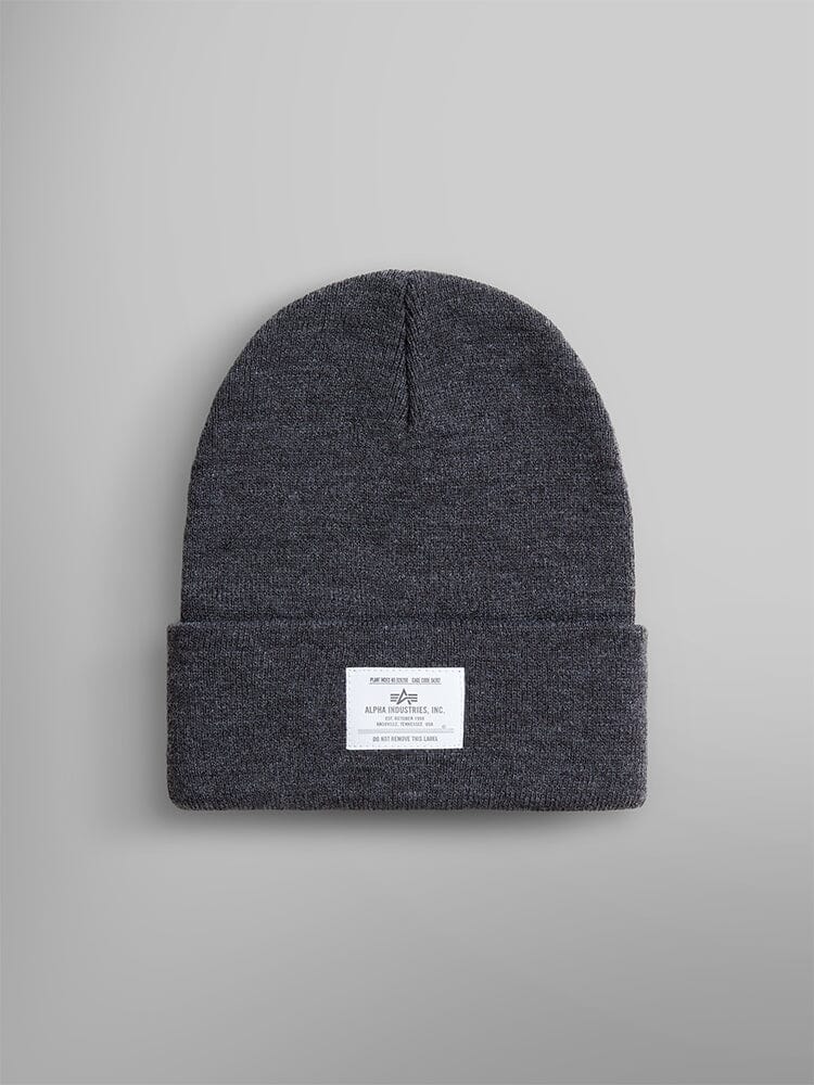 Medium charcoal heather knit beanie with a folded brim and an Alpha Industries paper label on the front, known as the Essential Beanie.