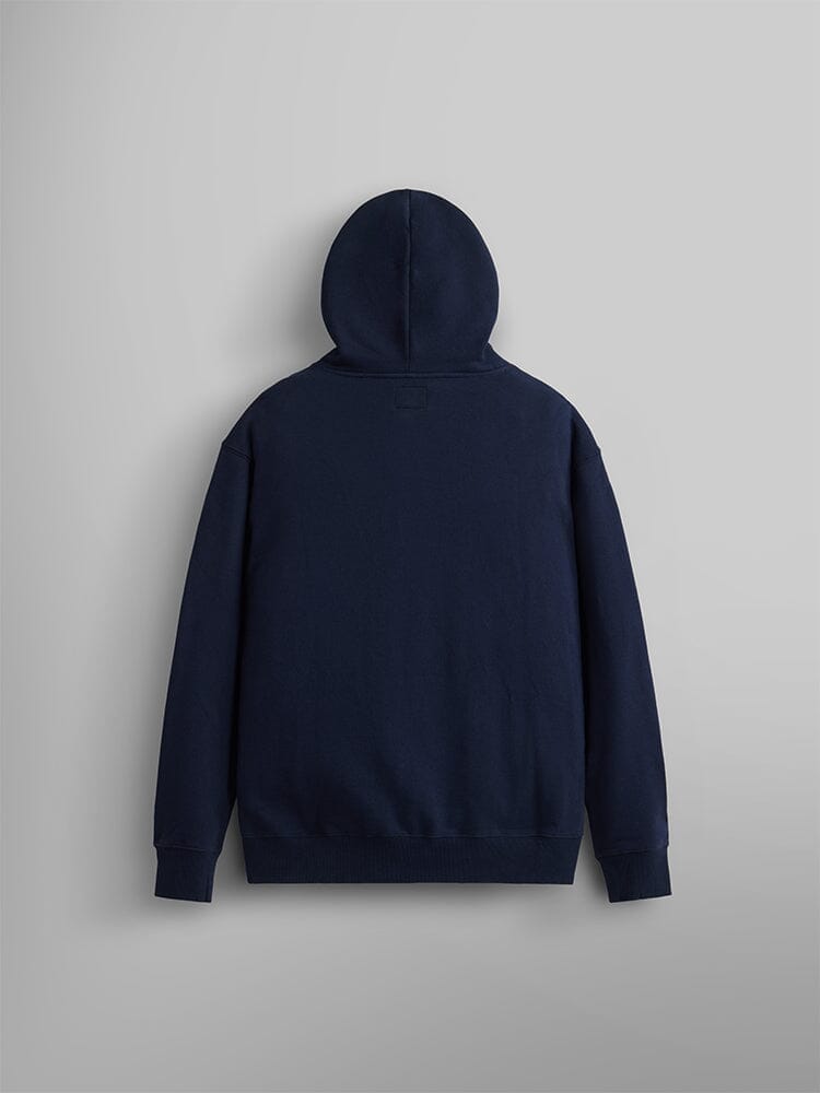The back view of the Essential Hoodie by Alpha Industries, a navy blue unisex wardrobe staple.