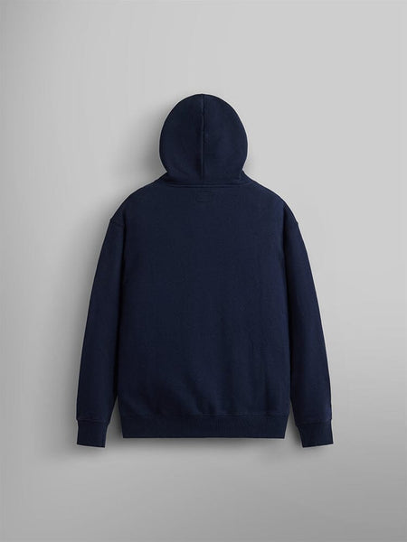 The back view of the Essential Hoodie by Alpha Industries, a navy blue unisex wardrobe staple.