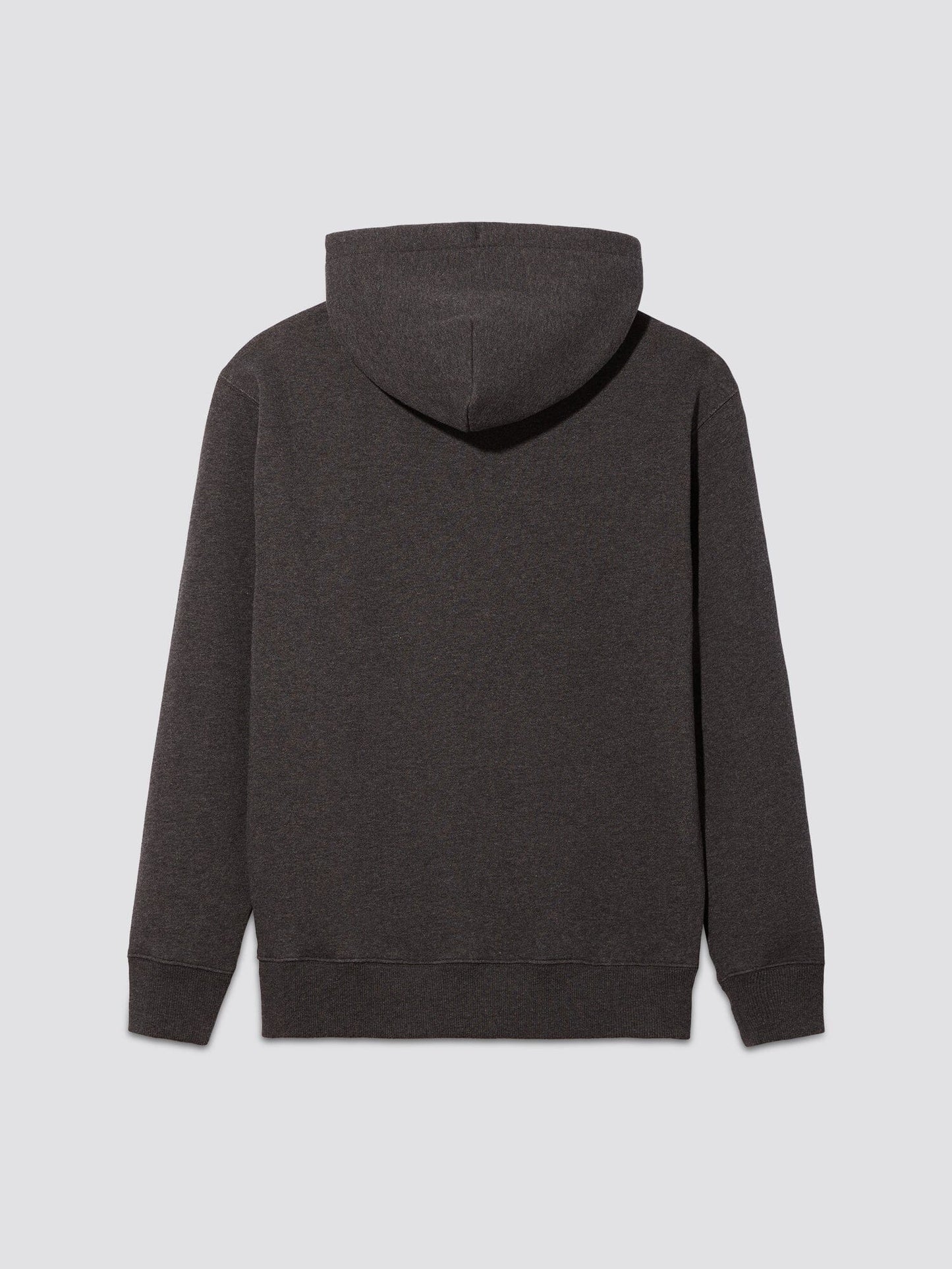 Back view of an Alpha Industries Essential Hoodie, a unisex piece in plain dark gray.