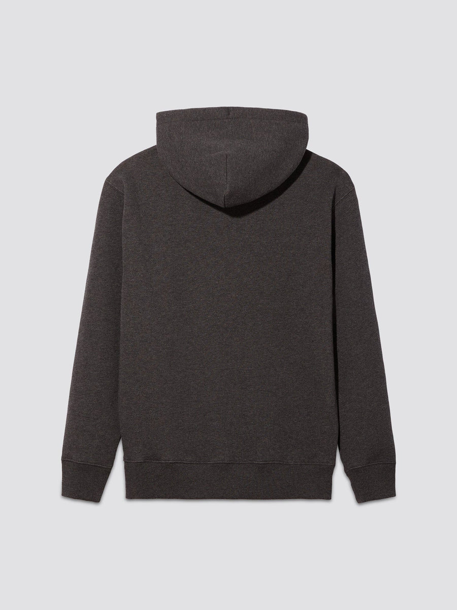 Back view of an Alpha Industries Essential Hoodie, a unisex piece in plain dark gray.