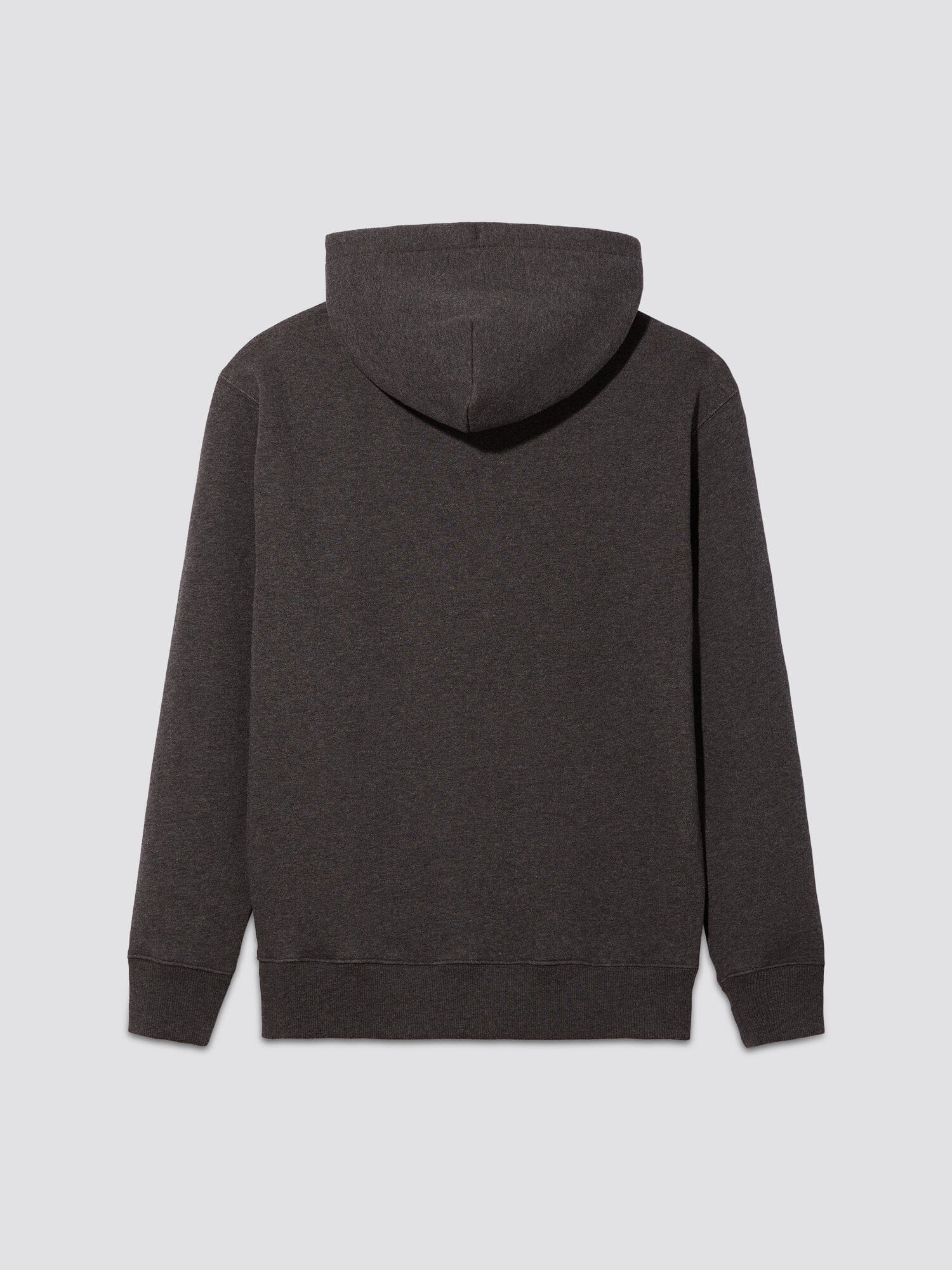 Back view of an Alpha Industries Essential Hoodie, a unisex piece in plain dark gray.