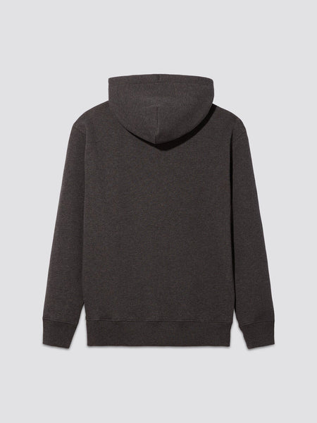 Back view of an Alpha Industries Essential Hoodie, a unisex piece in plain dark gray.