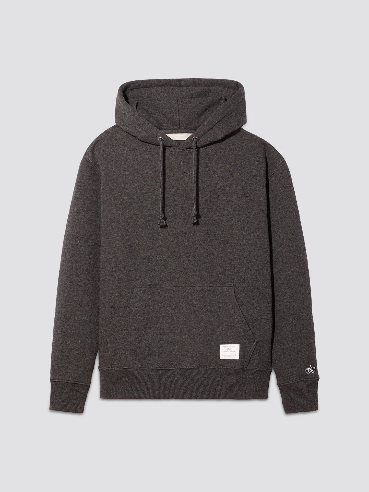 Essential Hoodie in dark charcoal heather by Alpha Industries. This unisex hoodie comes with convenient drawstrings, a front pouch pocket, and a subtle brand logo tag on the lower front.