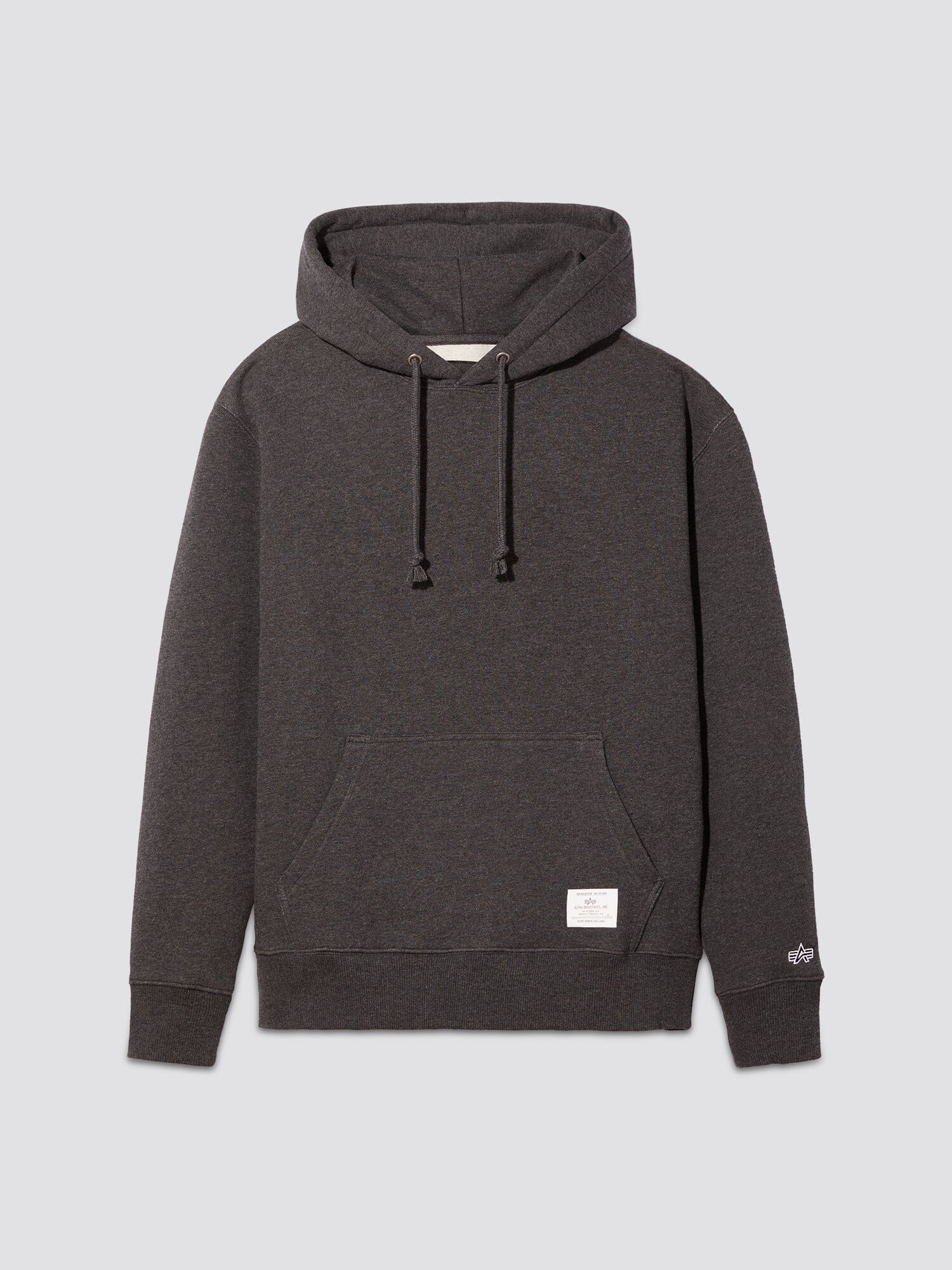 Essential Hoodie in dark charcoal heather by Alpha Industries. This unisex hoodie comes with convenient drawstrings, a front pouch pocket, and a subtle brand logo tag on the lower front.