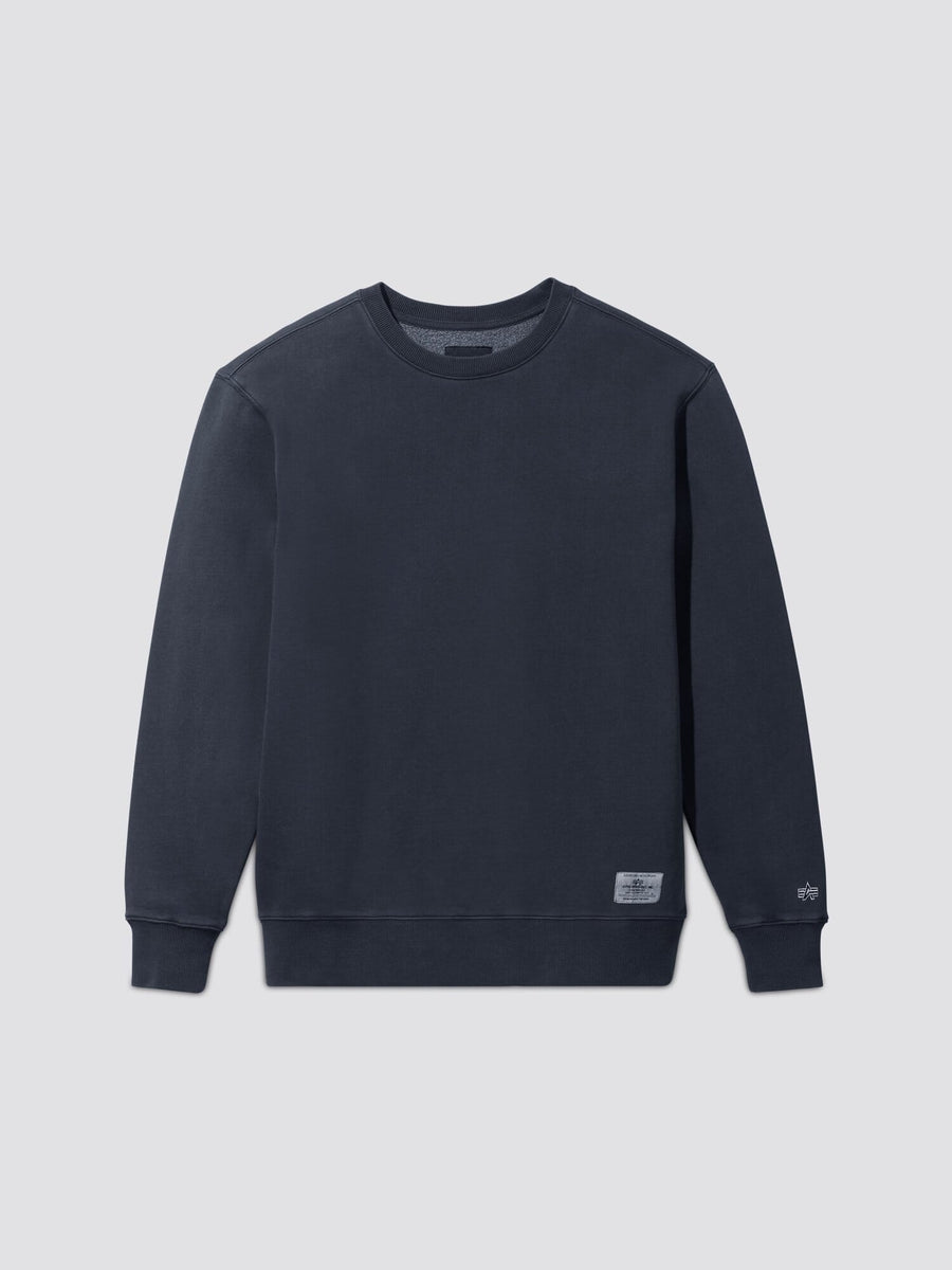 Alpha Industries Essential Washed Crewneck in Replica Blue, long sleeves, ribbed cuffs, garment washed.