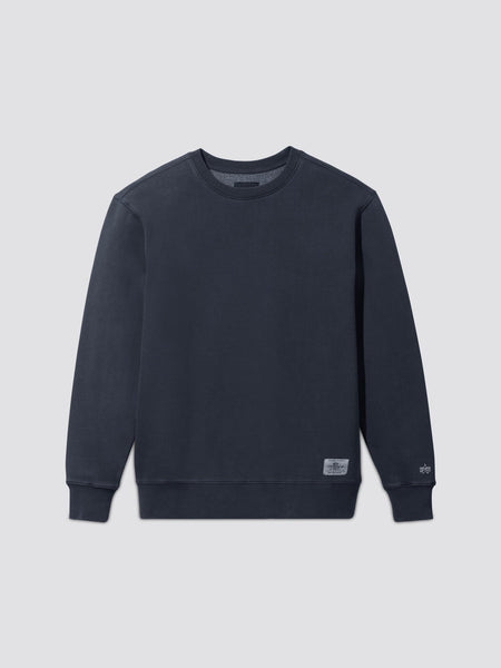 Alpha Industries Essential Washed Crewneck in Replica Blue, long sleeves, ribbed cuffs, garment washed.