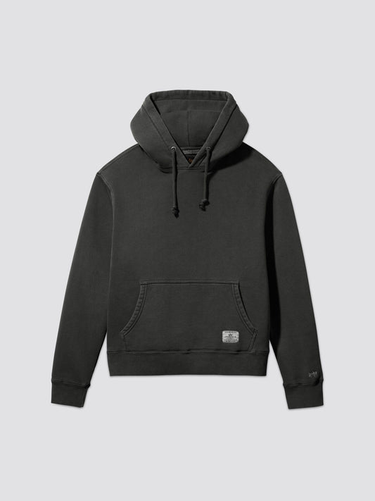 Alpha Industries Essential Washed Hoodie in Black, front pocket, drawstrings, small rectangular logo patch on lower front.