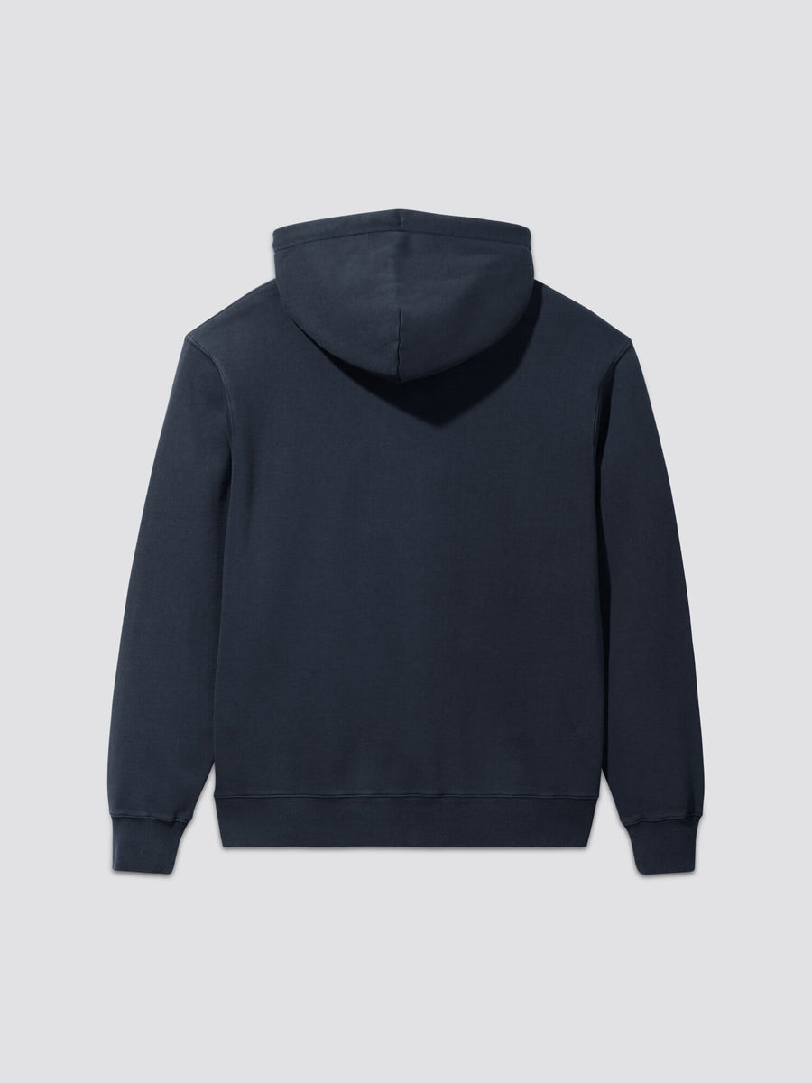 Essential Washed Hoodie by Alpha Industries, dark blue, garment washed fabric, subtle Alpha Industries logo.