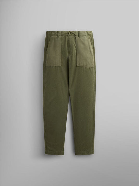 Alpha Industries Fatigue Pant in OG-107 Green, straight legs, utility pockets, button closure, belt loops.