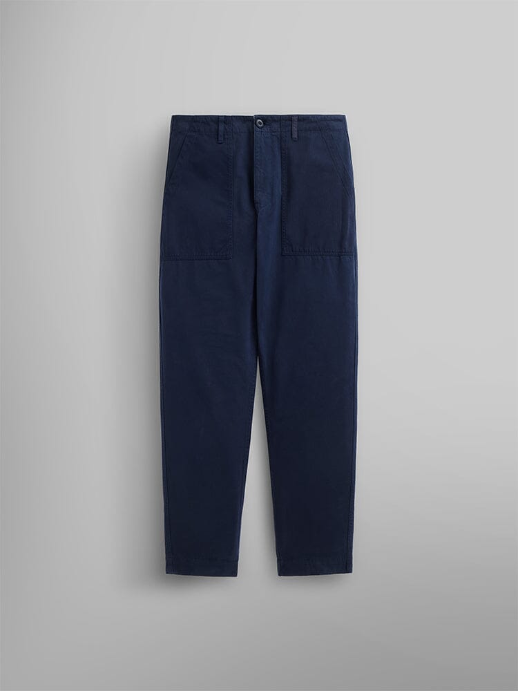 Alpha Industries Fatigue Pant, navy blue, straight-leg cut, front utility pockets, button closure, belt loops.