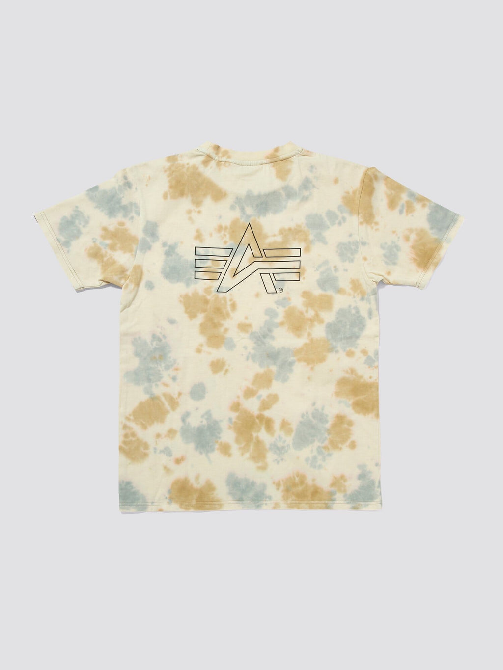 Gramicci X Alpha Cotton Camo Tie Dye Tee by Alpha Industries in beige, light blue, and brown camo tie dye cotton with black Gramicci logo on back.