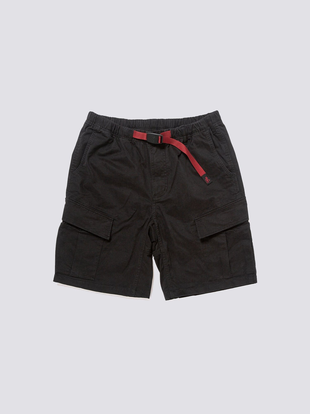 Gramicci X Alpha Jungle Cargo Short by Alpha Industries, black stretch ripstop fabric, large cargo pockets, elastic waistband, red integrated belt.