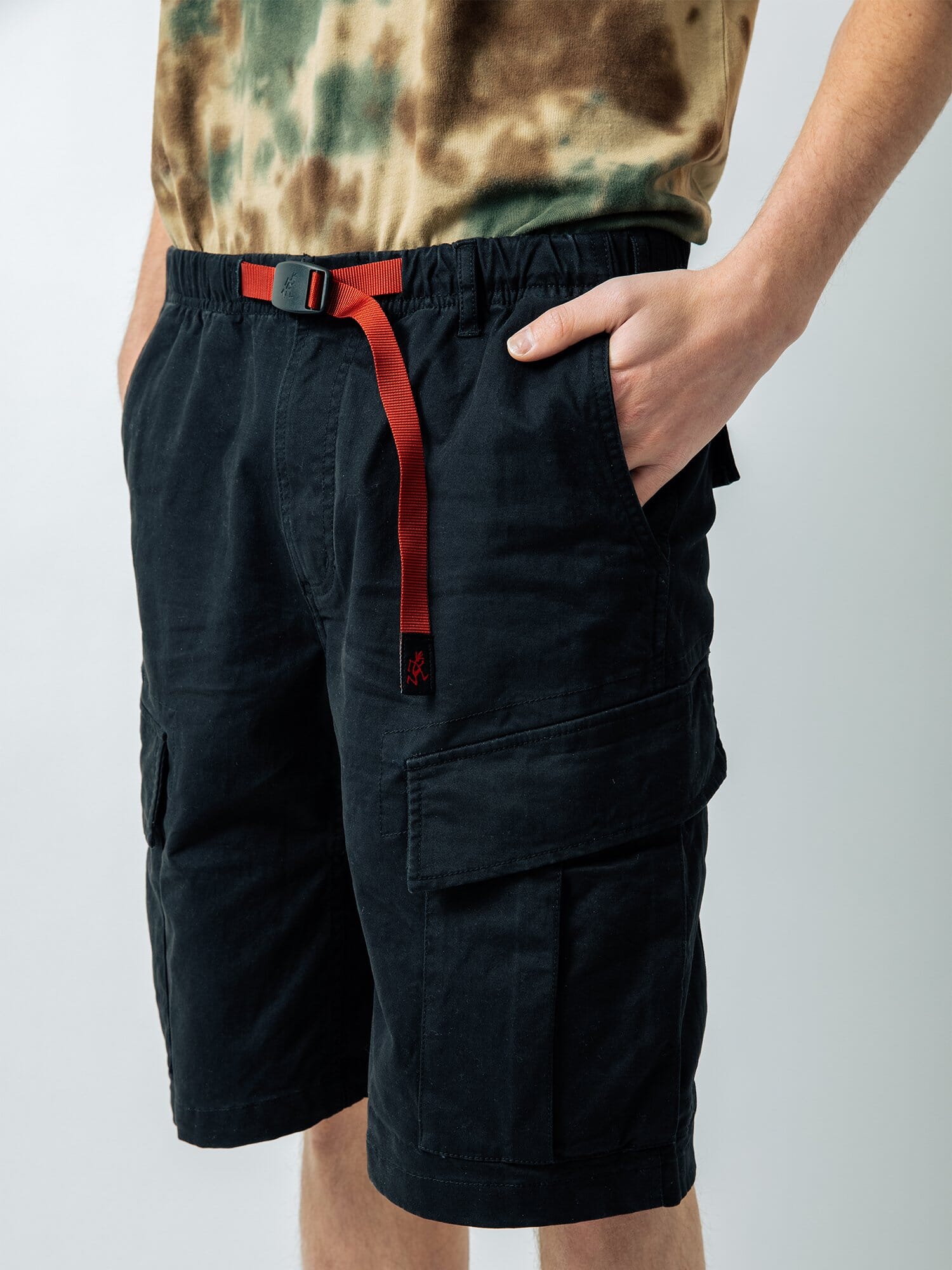 Gramicci X Alpha Jungle Cargo Short by Alpha Industries, cargo pockets, red belt.