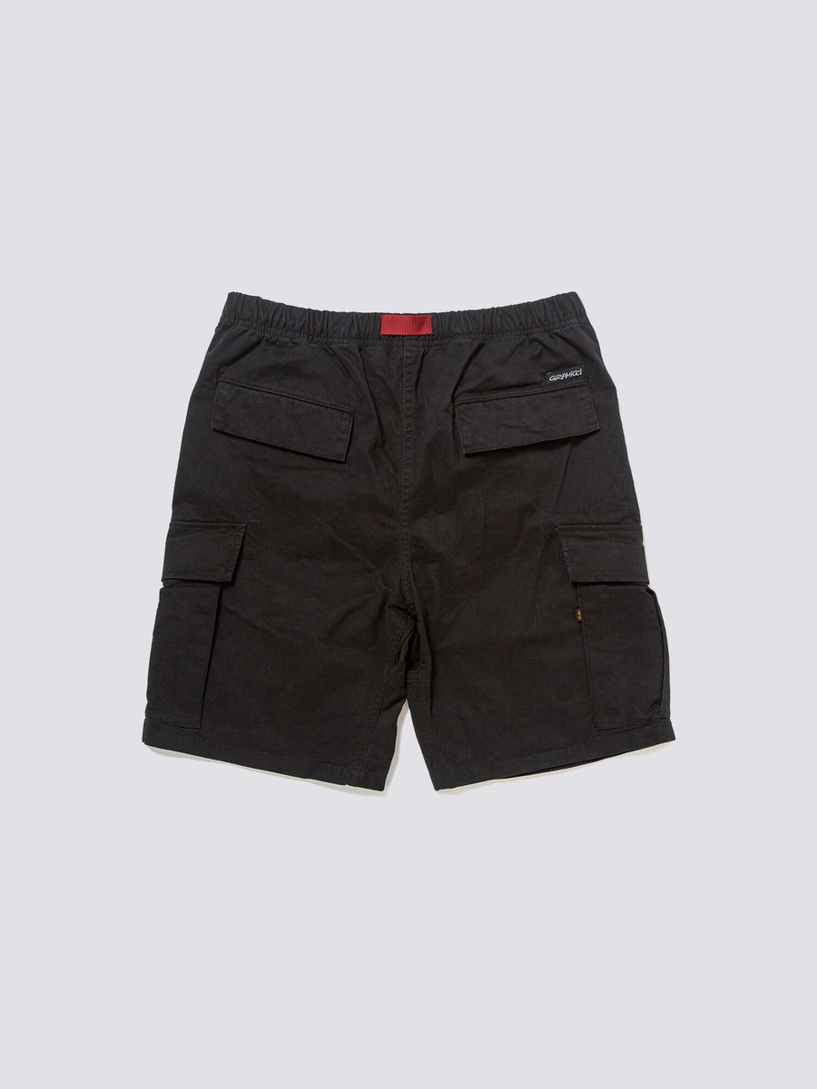 Gramicci X Alpha Jungle Cargo Short by Alpha Industries, stretch ripstop fabric, elastic waistband, cargo pockets, two large front pockets, small waist label.