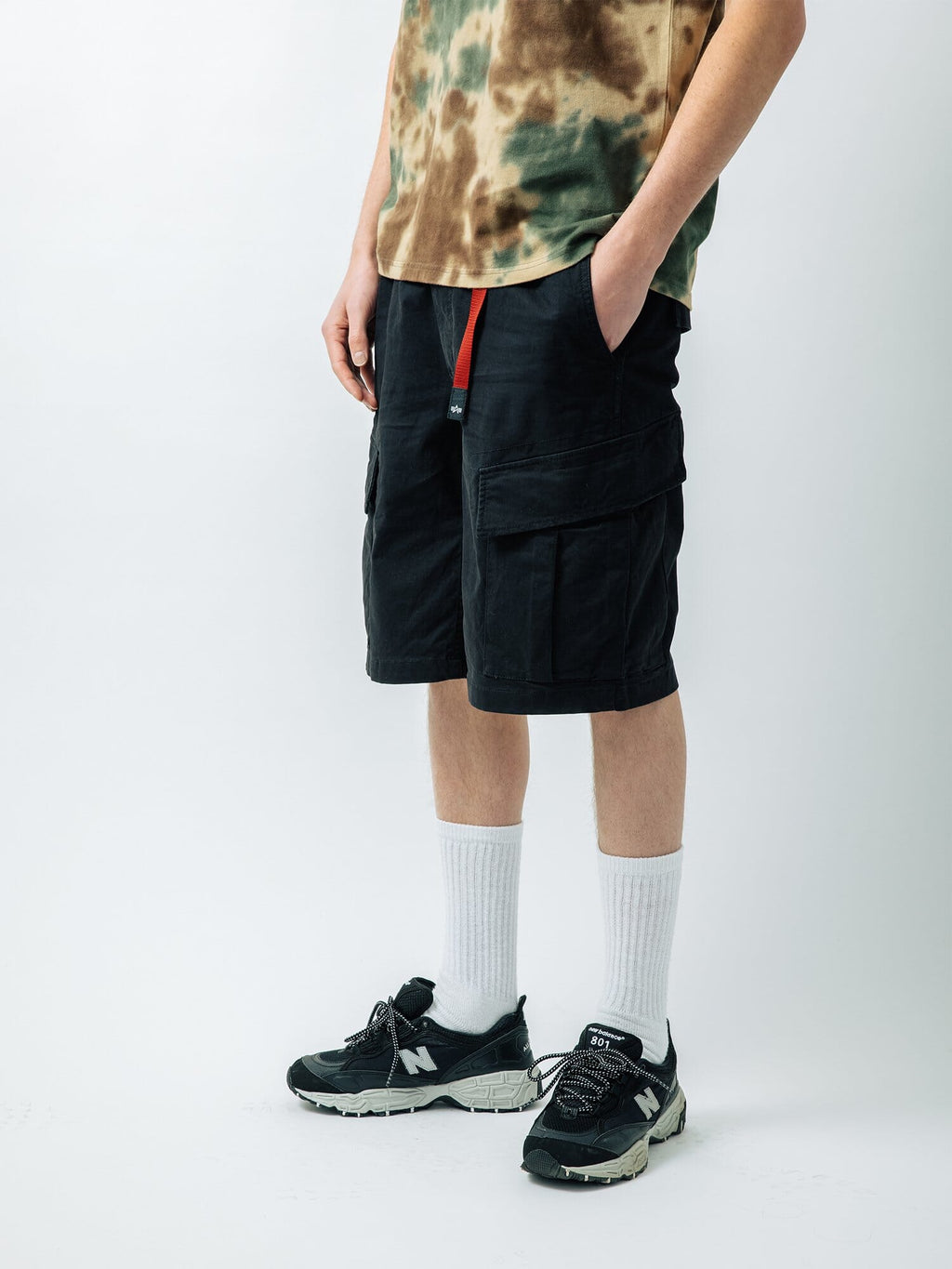 Gramicci x Alpha Jungle Cargo Short by Alpha Industries, tie-dye, red strap, cargo pockets.