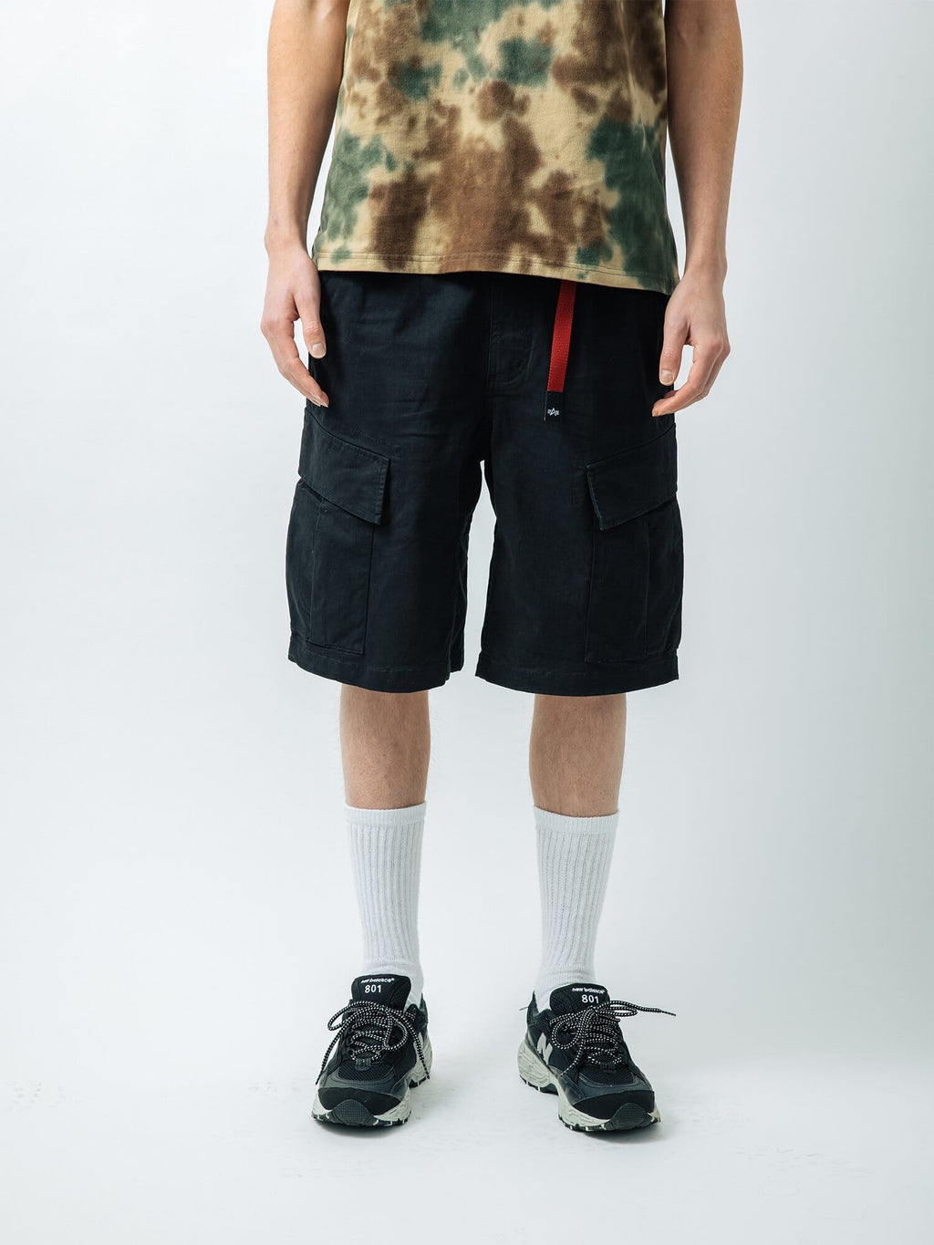 Jungle Cargo Short by Alpha Industries in tie-dye with gusset crotch and red tag.