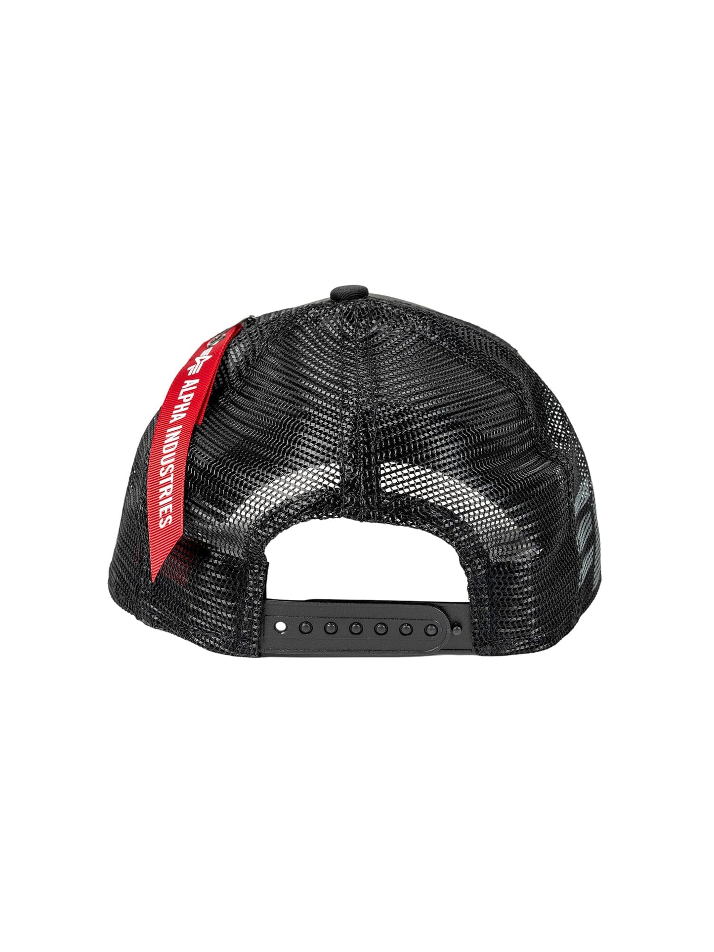 Back view of a black mesh snapback cap, enhanced with a red Remove Before Flight tag on the side and prominently displaying the Alpha Industries logo for added distinction.